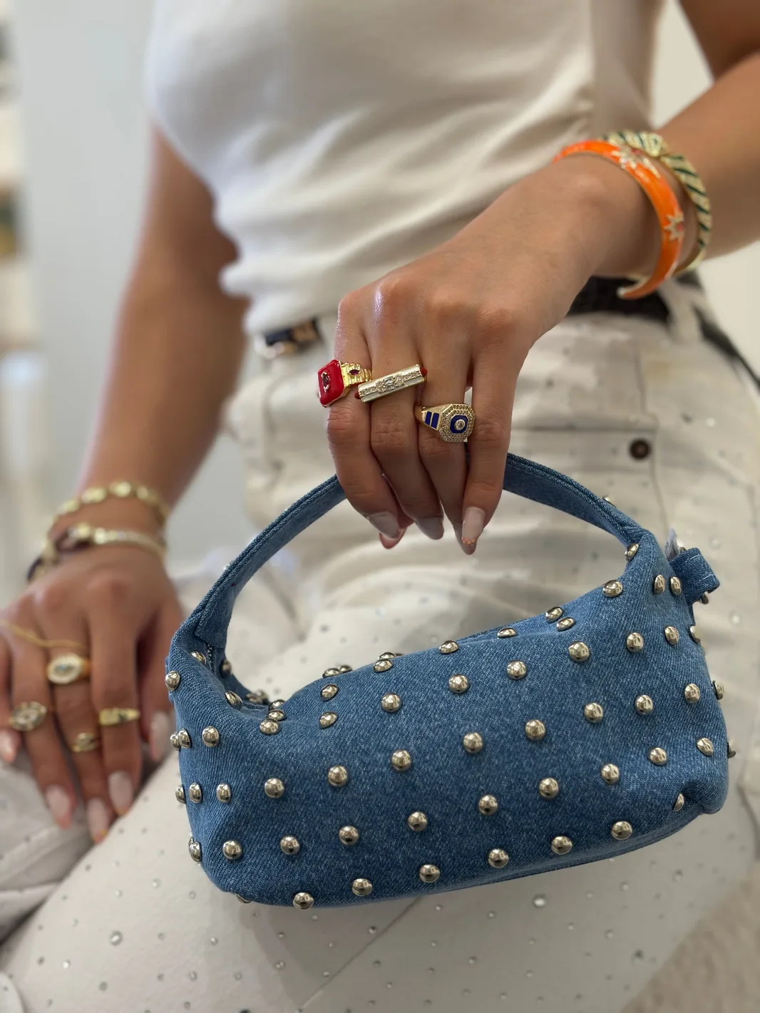 Denim Zımbalı Mini El Çantası - Zincir Askılı Omuz Çantası — 3. fotoğraf
