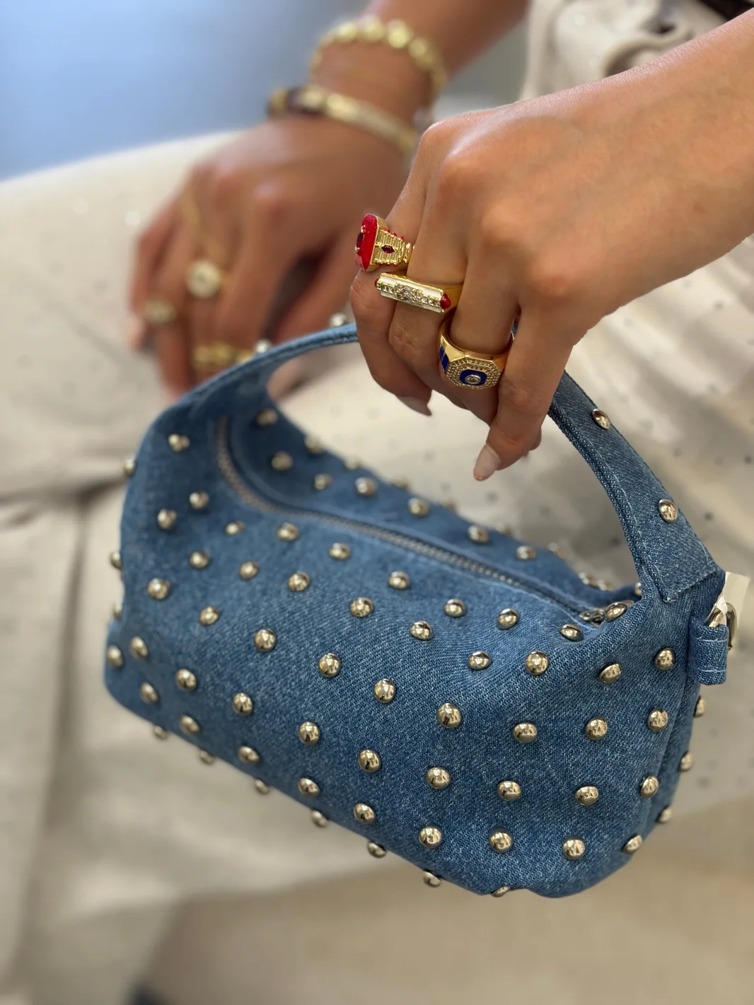 Denim Zımbalı Mini El Çantası - Zincir Askılı Omuz Çantası — 1. fotoğraf