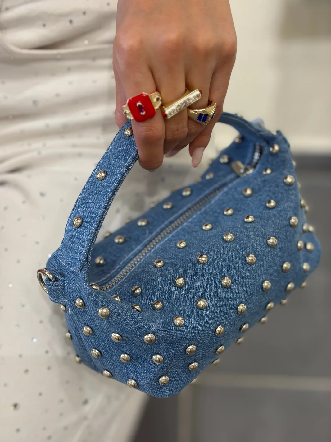 Denim Zımbalı Mini El Çantası - Zincir Askılı Omuz Çantası — 2. fotoğraf